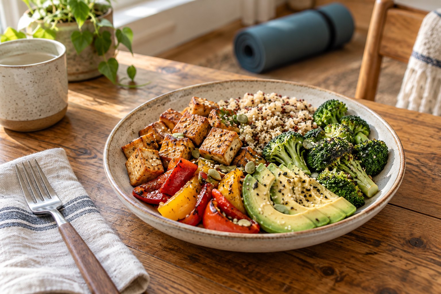 Balanced meal in morning light with movement space supporting endocrine and hormone health